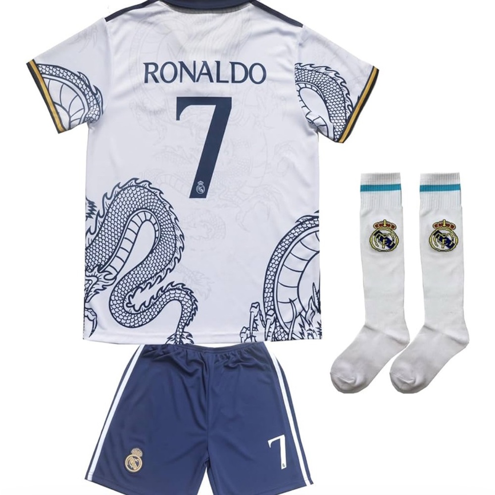 Kids Dragon Soccer Jersey Set - White & Blue